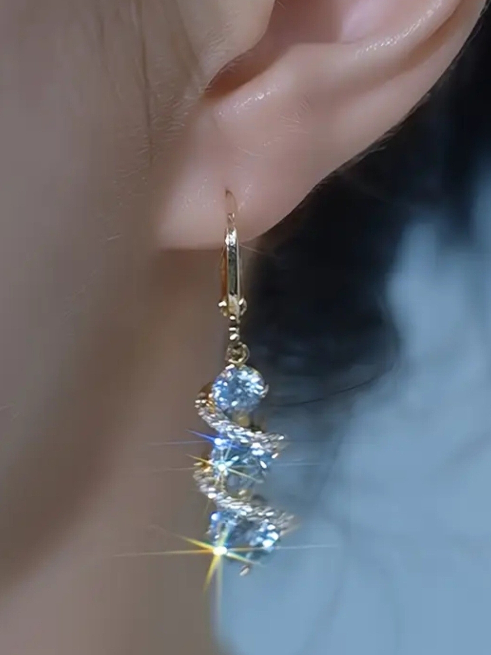Gold Rhinestone Wave Dangle Earrings – Leverback Drop - Picture 1 of 4